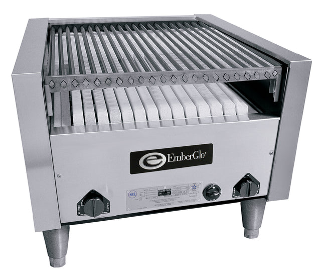 A stainless steel countertop Charbroiler with raised grates, two control knobs, and the EmberGlo logo on the front. Ceramic briquettes are visible beneath the grill surface. It operates on natural gas and features a sturdy, industrial design with four short legs.