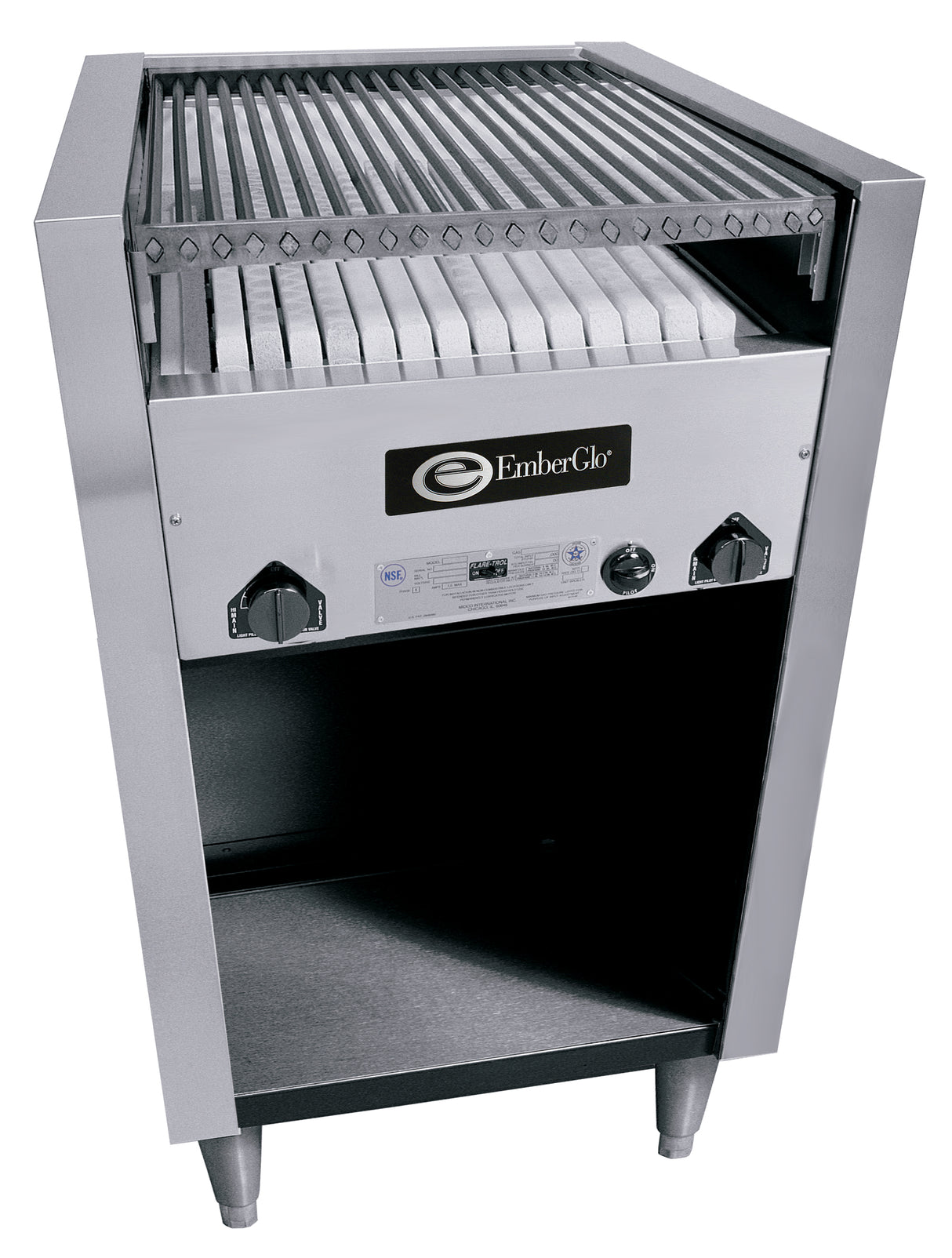 A stainless steel commercial charbroiler grill with two control knobs, a natural gas burner, an open storage shelf beneath, and a metal grate above ceramic briquettes. The EmberGlo logo is featured on the front of the unit, which stands on four legs.