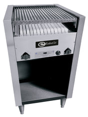 A stainless steel commercial charbroiler grill with two control knobs, a natural gas burner, an open storage shelf beneath, and a metal grate above ceramic briquettes. The EmberGlo logo is featured on the front of the unit, which stands on four legs.