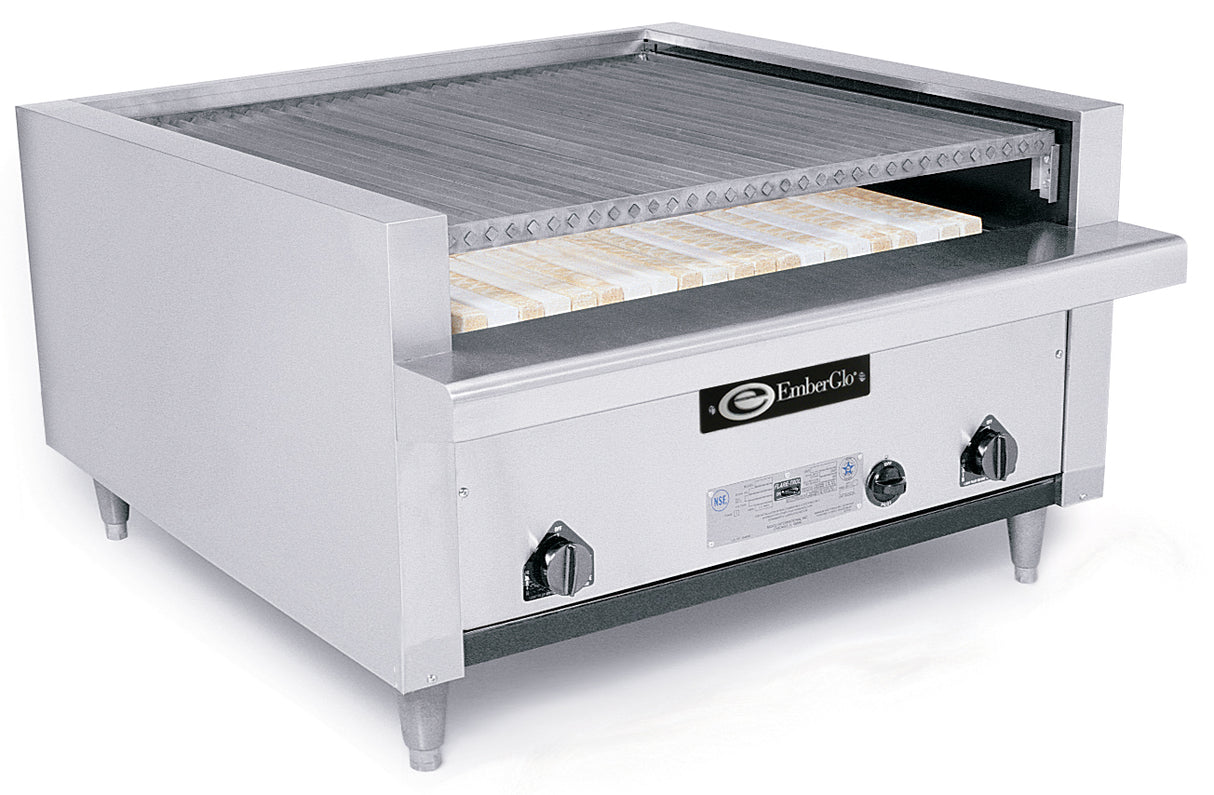 A commercial-grade EmberGlo countertop toaster with a stainless steel body, featuring a large horizontal toasting surface for multiple rows of bread slices. Two black control knobs are visible on the lower front panel.