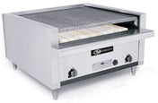 A commercial-grade EmberGlo countertop toaster with a stainless steel body, featuring a large horizontal toasting surface for multiple rows of bread slices. Two black control knobs are visible on the lower front panel.