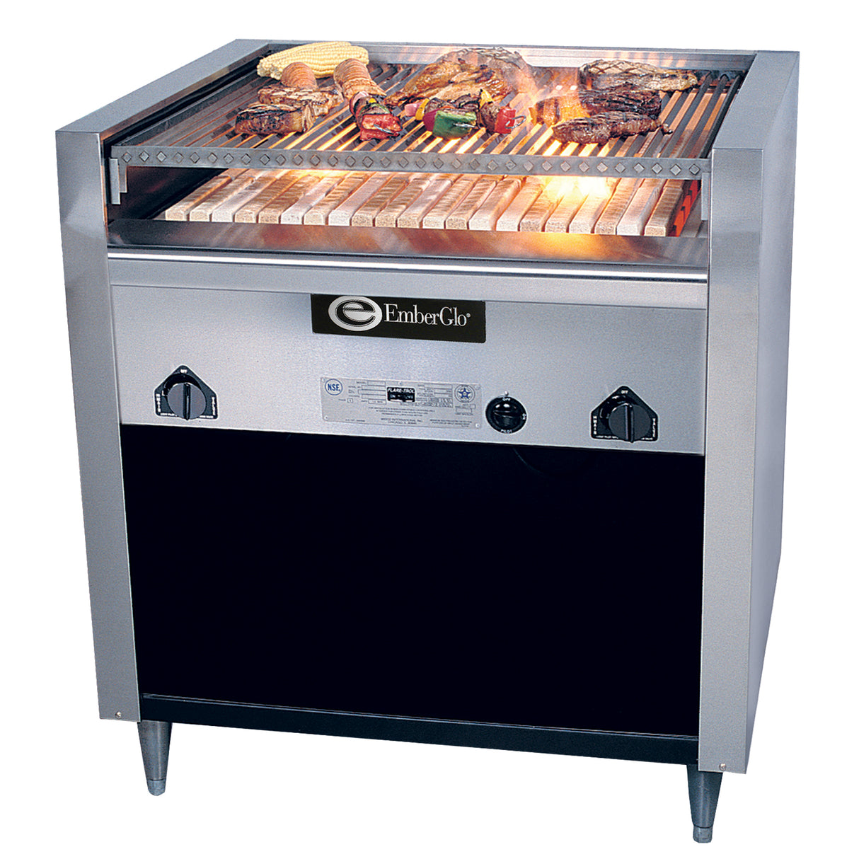 A stainless steel EmberGlo charbroiler grill with glowing heating elements and food items like skewers, sausages, and steaks cooking on the grate. The propane gas grill features control knobs, a digital display, and the EmberGlo logo on the front.