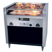 A stainless steel EmberGlo charbroiler grill with glowing heating elements and food items like skewers, sausages, and steaks cooking on the grate. The propane gas grill features control knobs, a digital display, and the EmberGlo logo on the front.