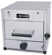 A stainless steel electric countertop steamer by EmberGlo with a front-facing door handle, control knob, caution label, and side lever. This box-shaped Top Injecting Steamer boasts a smooth metallic finish and industrial design for professional kitchens.