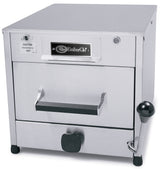 A commercial stainless steel vertical broiler oven with a front handle, temperature control dial, and manual fill water reservoir. The “EmberGlo” logo is on the front panel above the drawer, and a caution label warns that the surface is hot.