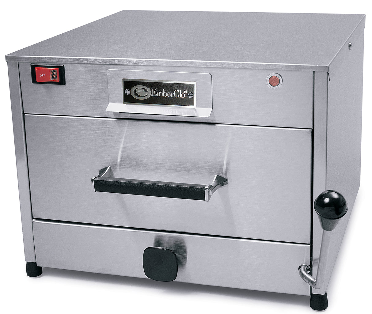 A stainless steel electric countertop steamer with a front pull handle, black knob, side lever, red on/off switch, indicator light, and an “EmberGlo” logo. The smooth, boxy appliance features a flat top and sleek design.