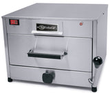 A stainless steel electric countertop steamer with a front pull handle, black knob, side lever, red on/off switch, indicator light, and an “EmberGlo” logo. The smooth, boxy appliance features a flat top and sleek design.