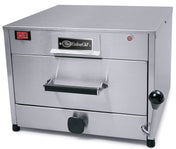 A stainless steel electric countertop steamer with a front pull handle, black knob, side lever, red on/off switch, indicator light, and an “EmberGlo” logo. The smooth, boxy appliance features a flat top and sleek design.