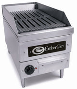 A commercial-grade stainless steel charbroiler by EmberGlo featuring raised grill grates, a front control knob marked off and on, a small drawer below, black branding, and four short legs—perfect as a countertop charbroiler for busy kitchens.