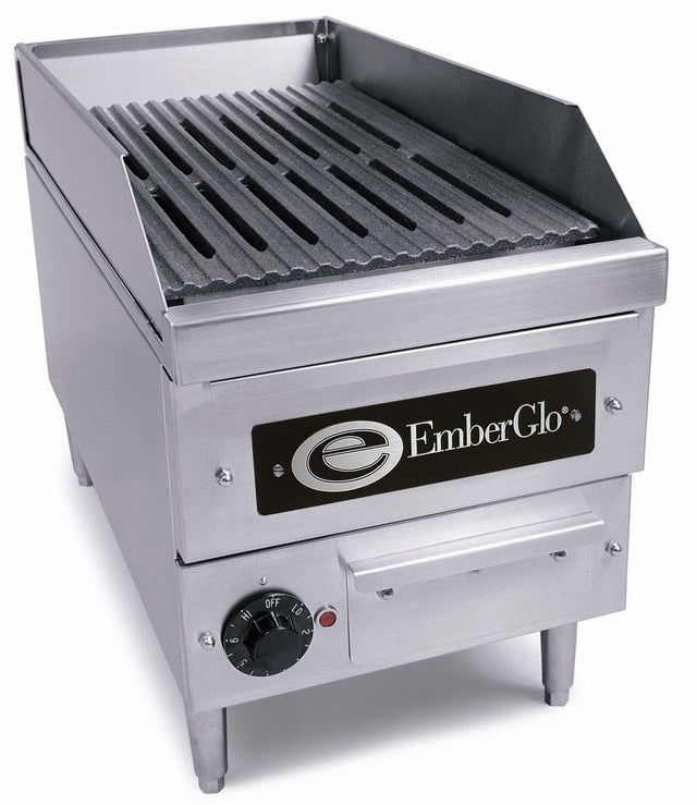 A commercial-grade stainless steel charbroiler by EmberGlo featuring raised grill grates, a front control knob marked off and on, a small drawer below, black branding, and four short legs—perfect as a countertop charbroiler for busy kitchens.