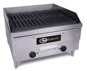 A commercial stainless steel EmberGlo countertop charbroiler with two black control knobs, a vented grill top, raised sides, back splash guard, and sturdy legs. The front displays the EmberGlo logo in black and white.