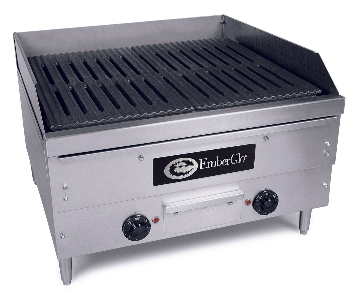 A commercial stainless steel charbroiler countertop grill with black grooved grill plates, two control knobs, and an EmberGlo logo on the front panel. Raised sides and the Grease-Flo drainage system offer splash protection and easy cleanup.