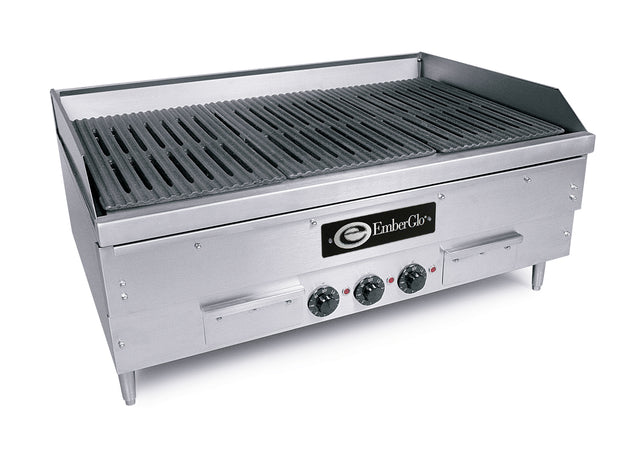 A commercial-grade stainless steel electric charbroiler with iron grates, three control knobs, and an EmberGlo logo; the grill features a Grease-Flo drainage system and stands on four short legs against a plain white background.