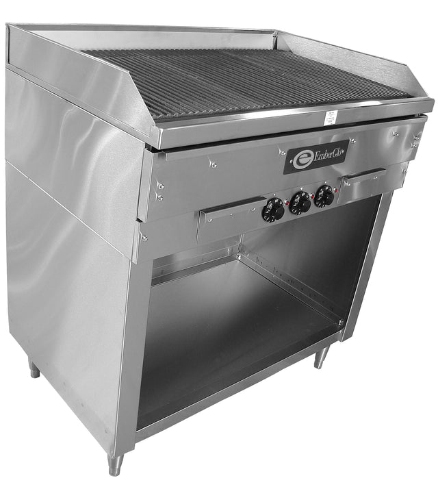 A commercial countertop charbroiler with three control knobs, a protective back and side splash guard, raised grill grates, open storage shelf below, and four sturdy legs. Features a sleek industrial design and efficient Grease-Flo drainage system.