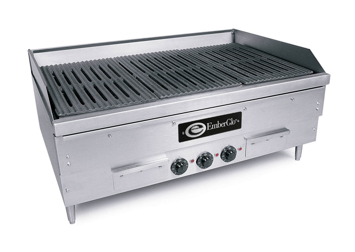 A large, stainless steel commercial grill with a slotted cooking grate, three control knobs, and an EmberGlo logo. This electric countertop charbroiler features sturdy legs and a modern design, perfect for heavy-duty kitchen use.