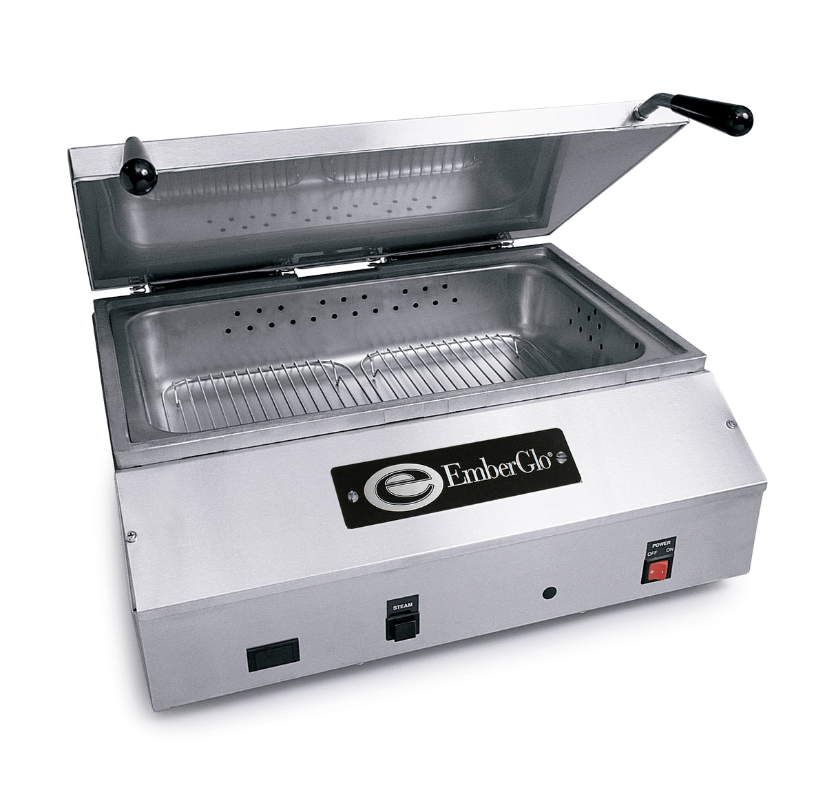 A stainless steel EmberGlo commercial steamer with its lid open, revealing a perforated steam tray and deep basin that fits a full size food pan. The front panel displays the EmberGlo logo, control switches, and power indicator lights. Clean and modern design.