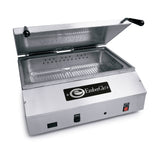 A stainless steel EmberGlo commercial steamer with its lid open, revealing a perforated steam tray and deep basin that fits a full size food pan. The front panel displays the EmberGlo logo, control switches, and power indicator lights. Clean and modern design.