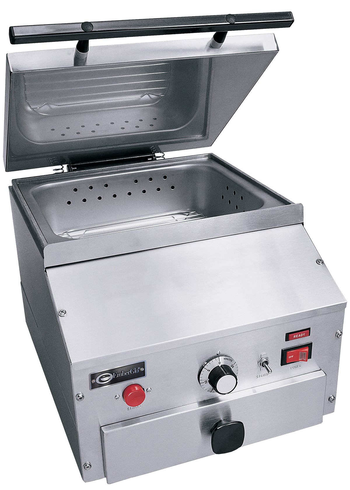 A stainless steel countertop steamer with an open hinged lid, interior basket, control knob, red button, switches, and indicator lights. The professional design and visible brand label indicate a high-quality cooking device.