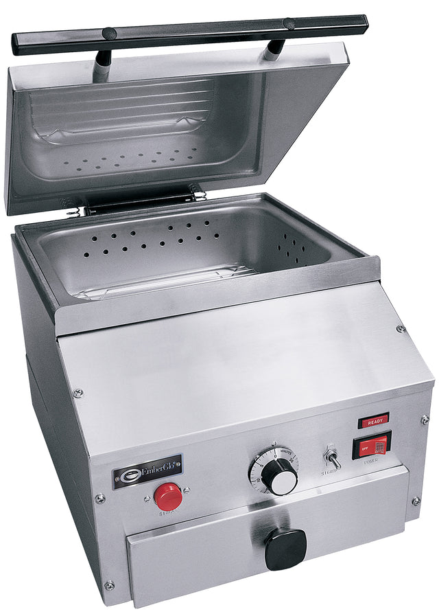 A stainless steel countertop steamer with an open hinged lid, interior basket, control knob, red button, switches, and indicator lights. The professional design and visible brand label indicate a high-quality cooking device.