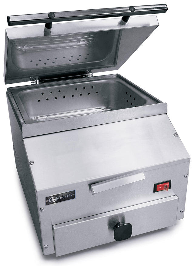 A commercial countertop stainless steel food steamer featuring a hinged, open lid, perforated steaming tray, front handle, dial control, red power switch, and brand label on the lower left corner. The design is industrial and professional.