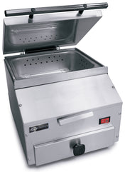 A stainless steel commercial countertop food steamer features a hinged lid opening upward to reveal a perforated insert tray. The clean, modern front panel includes a control knob, handle, red power switch, and small brand logo.
