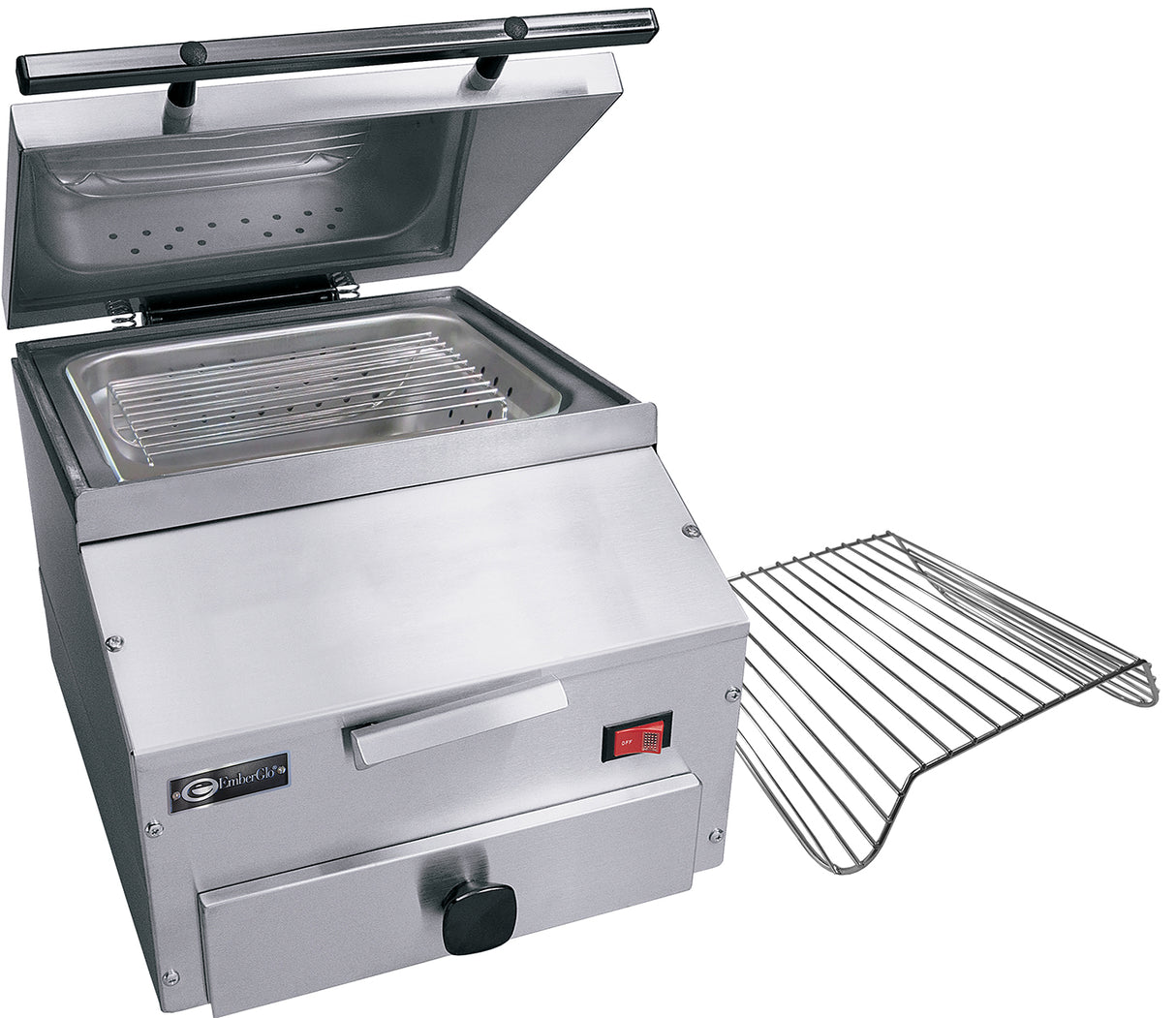 A stainless steel countertop food warmer with a hinged lid propped open, exposing a metal interior with a grill rack inside. A second, removable grill rack is placed beside the unit. The front features a handle, knob, and red power switch.