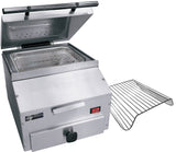 A stainless steel commercial-grade countertop grill with an open hinged lid, visible grill plates inside, and a removable wire rack placed beside it. The front features a control knob, a handle, a red power switch, and a nameplate.