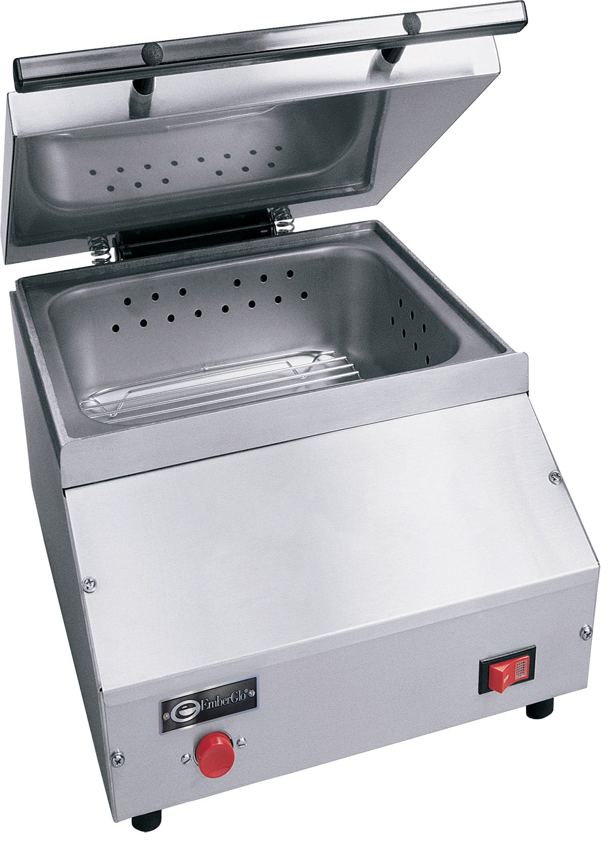 A stainless steel countertop steamer with a hinged lid open, revealing a perforated removable tray. The front panel features a red button, power switch, brand label, and angled edges. Designed for commercial use with an optional direct water hookup.