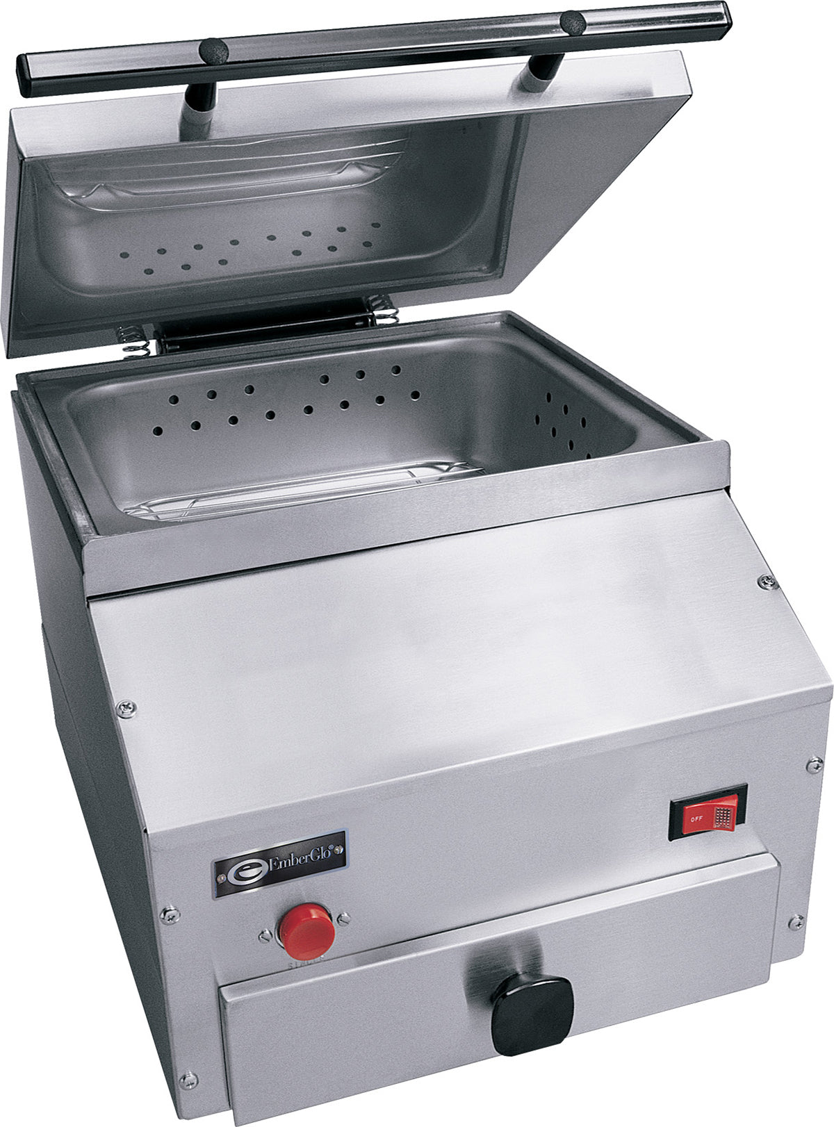 A stainless steel countertop steamer with a hinged lid open reveals a perforated steam tray inside. The front features a red power switch, indicator light, control knob, and manufacturer label. The self-contained steamer is clean and empty.