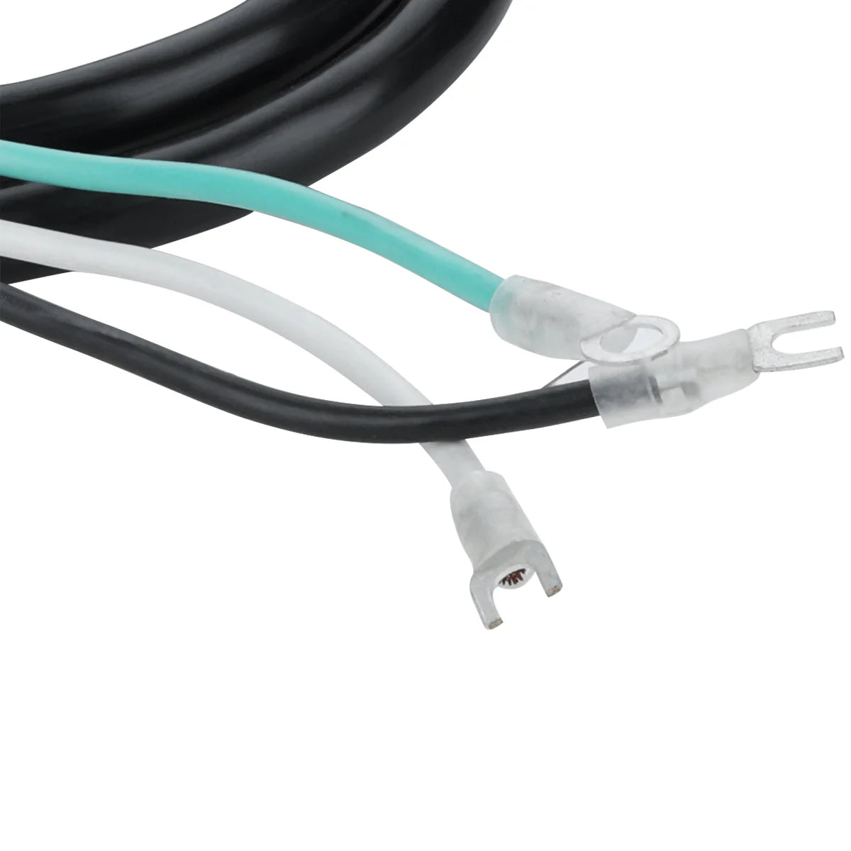 Close-up of three electrical wires—black, white, and green—from a Power Cord Plug. Each wire features a metal ring or fork terminal with a clear plastic sheath. The partially coiled wires are set against a plain white background.