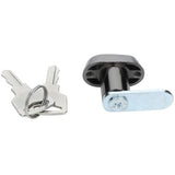 A pair of silver keys on a metal keyring are placed next to a black and silver Empura Refrigeration cam lock, which has a flat, rotating metal latch. These Empura Parts are displayed on a white background.