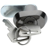 A close-up of an Empura Parts silver cam lock cylinder for Door Lock & Key applications, featuring a flat rectangular rotating latch and two keys on a keyring, all set against a plain white background.