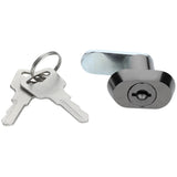 A metal cam lock with a black, oval-shaped face is shown next to two silver keys on a keyring. This Empura Parts door lock & key set features a flat, extended arm and textured keys, all displayed on a white background.