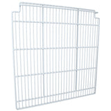 A white, rectangular metal wire shelf or rack from Empura Parts with evenly spaced bars, designed to hold items. The top corners have short, upward extensions, suggesting this Right Shelf for Empura Refrigeration can be attached or hung in place.