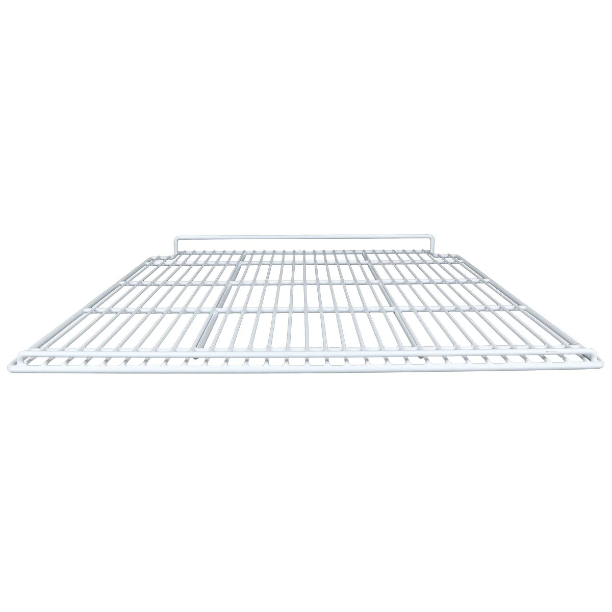 A white metal right shelf, compatible with Empura Refrigeration, is viewed from a low front angle. The rectangular shelf features evenly spaced bars and a small vertical support at the back, all set against a plain white background.