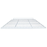 A white metal right shelf, compatible with Empura Refrigeration, is viewed from a low front angle. The rectangular shelf features evenly spaced bars and a small vertical support at the back, all set against a plain white background.