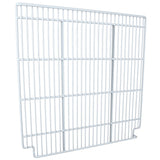 A white, rectangular metal wire guard from Empura Parts with vertical and horizontal bars, featuring an open rectangular space in the middle and two small bent feet at the bottom for standing or mounting. Ideal for Empura Refrigeration Right Shelf use.