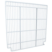 A white, rectangular metal wire guard from Empura Parts with vertical and horizontal bars, featuring an open rectangular space in the middle and two small bent feet at the bottom for standing or mounting. Ideal for Empura Refrigeration Right Shelf use.