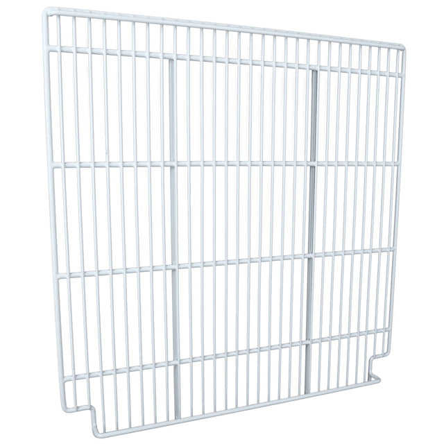 A white, rectangular metal wire guard from Empura Parts with vertical and horizontal bars, featuring an open rectangular space in the middle and two small bent feet at the bottom for standing or mounting. Ideal for Empura Refrigeration Right Shelf use.