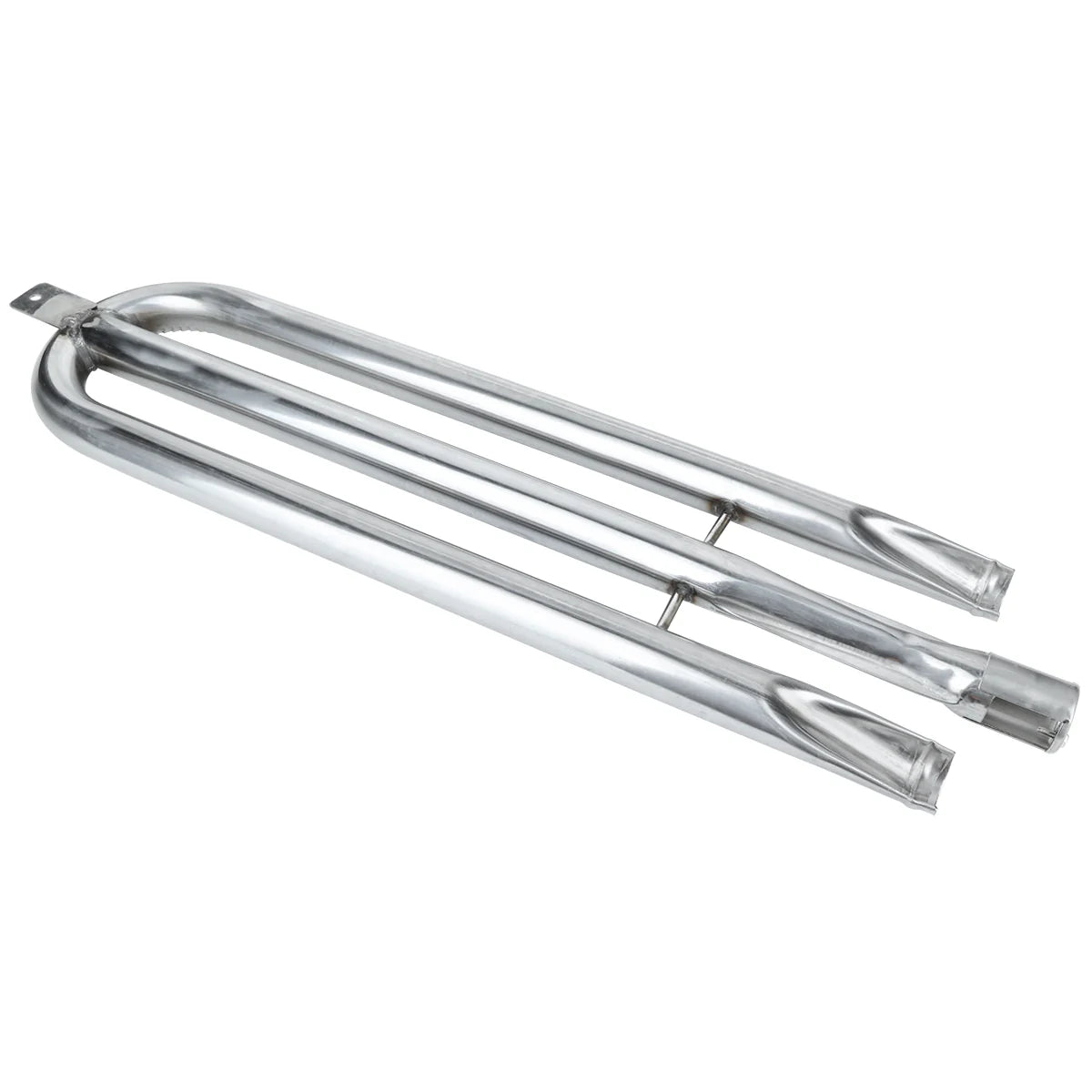 A shiny, metallic U-shaped oven burner tube from Empura Equipment features a mounting bracket at one end and an open gas connection; two parallel arms joined by a curved section have small holes for flame distribution along each arm.