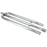 A shiny, metallic U-shaped oven burner tube from Empura Equipment features a mounting bracket at one end and an open gas connection; two parallel arms joined by a curved section have small holes for flame distribution along each arm.