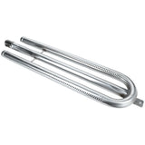 A silver, U-shaped metal burner tube with perforations along the sides, commonly used in gas grills and Empura Equipment. This oven burner has two parallel tubes connected at one end, with a mounting bracket and small holes for gas flow and flame distribution.