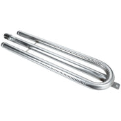 A silver, U-shaped metal burner tube with perforations along the sides, commonly used in gas grills and Empura Equipment. This oven burner has two parallel tubes connected at one end, with a mounting bracket and small holes for gas flow and flame distribution.