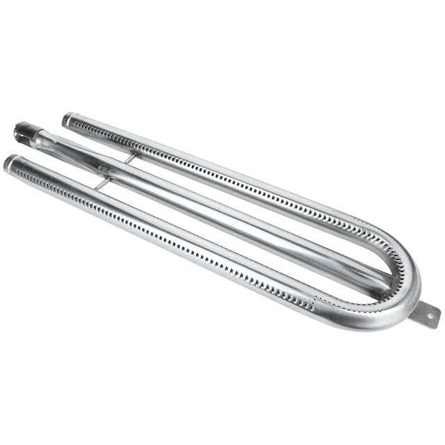 A silver, U-shaped metal burner tube with perforations along the sides, commonly used in gas grills and Empura Equipment. This oven burner has two parallel tubes connected at one end, with a mounting bracket and small holes for gas flow and flame distribution.