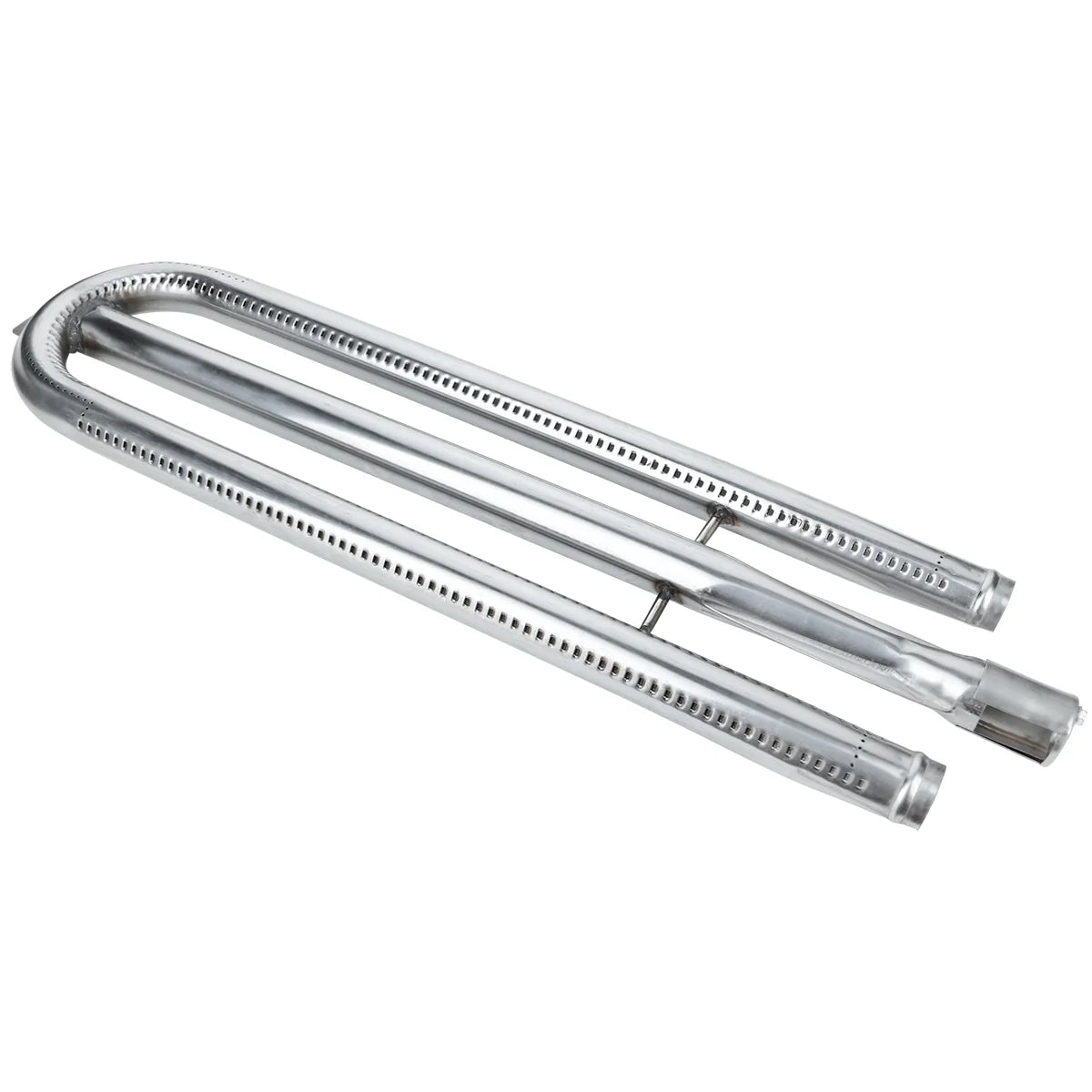 A shiny, silver-colored Empura Parts U-shaped oven burner tube with perforated holes along the sides, designed for use in a gas grill or Empura Equipment. It features two straight sections joined by a rounded end and an attachment area for a gas connection.