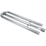 A shiny, silver-colored Empura Parts U-shaped oven burner tube with perforated holes along the sides, designed for use in a gas grill or Empura Equipment. It features two straight sections joined by a rounded end and an attachment area for a gas connection.