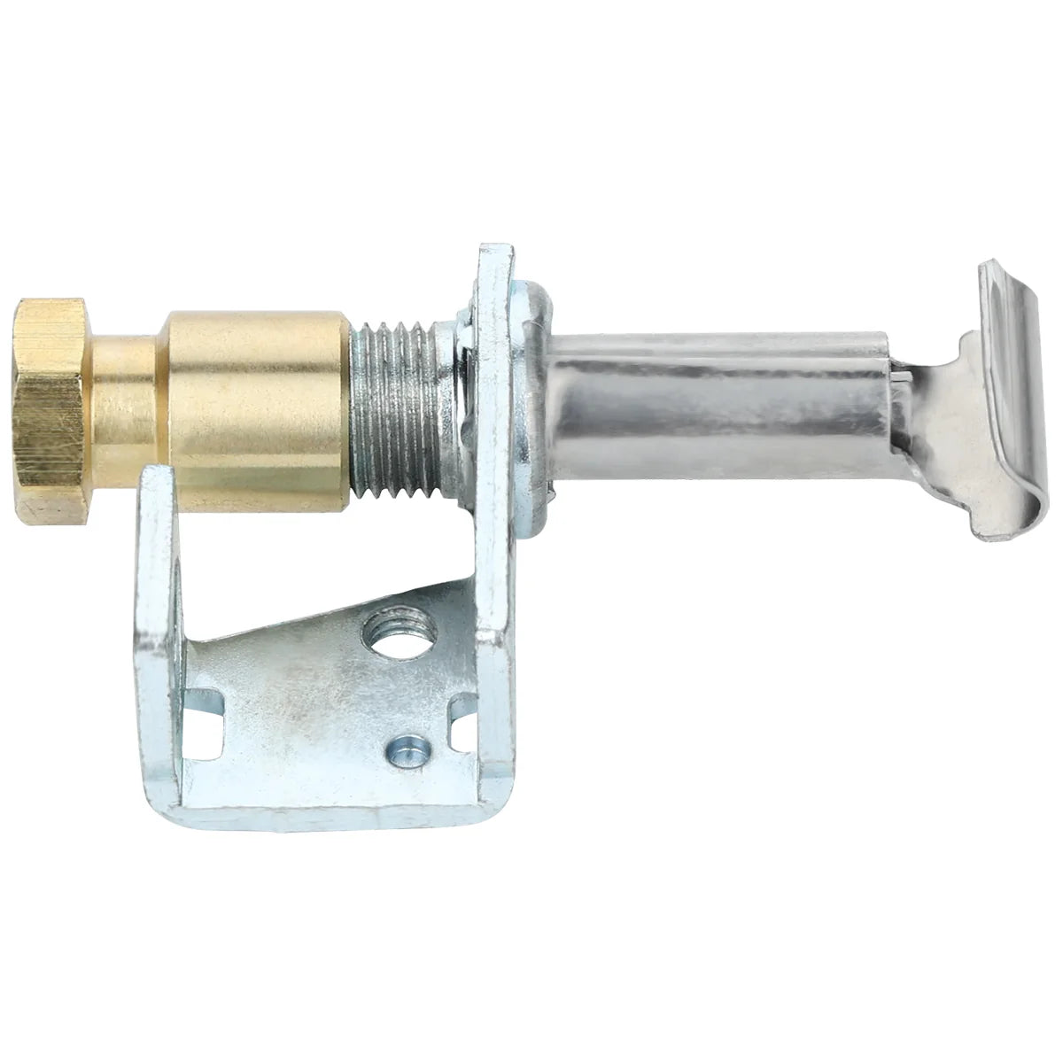 A close-up of a metal sliding bolt latch with a golden hexagonal head, mounted on a silver bracket. This latch, compatible with Empura Equipment, features a cylindrical shaft and flat hooked end for securing doors or gates. The bracket has two screw holes.