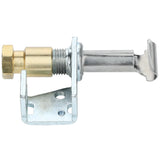 A close-up of a metal sliding bolt latch with a golden hexagonal head, mounted on a silver bracket. This latch, compatible with Empura Equipment, features a cylindrical shaft and flat hooked end for securing doors or gates. The bracket has two screw holes.