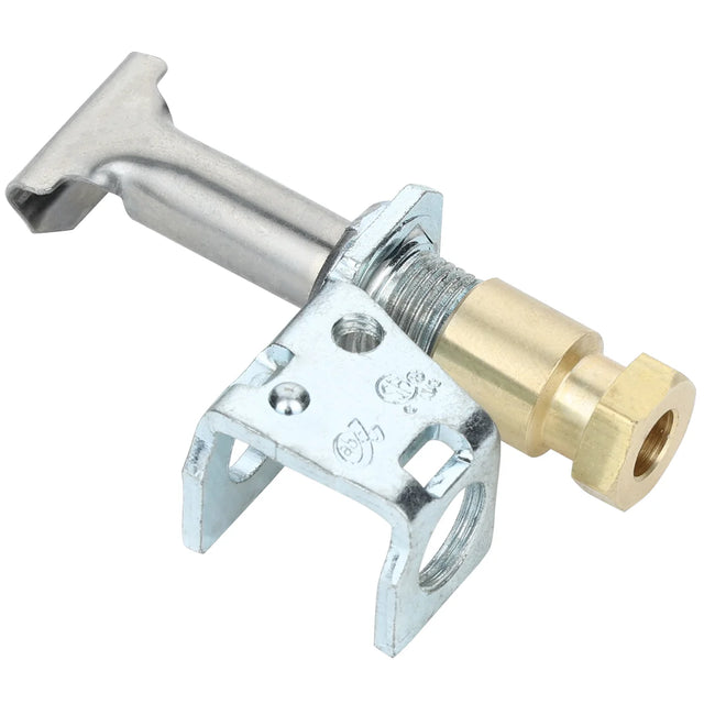 A close-up of an oven pilot metal appliance part by Empura Parts, featuring a silver bracket with a threaded section, brass hexagonal nut, and a flat, angled tube. The bracket displays multiple holes and stamped markings.