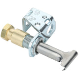 A close-up of an oven pilot assembly from Empura Equipment features a brass connector, threaded section, and silver steel tube. The mounting bracket and wide nozzle at the tube's end are typical of quality Empura Parts used for ignition in gas appliances.
